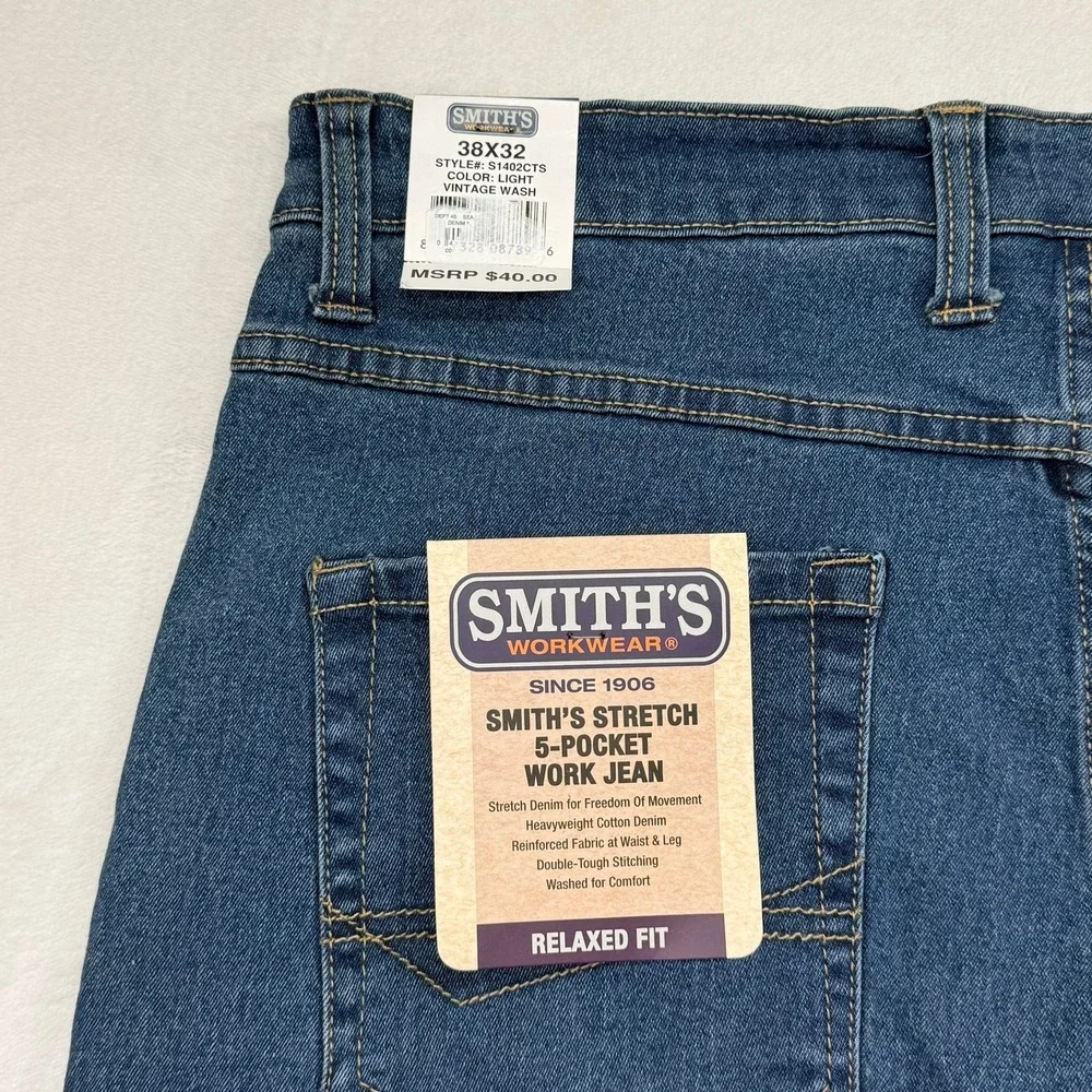 Smiths Workwear Mens Relaxed Fit Stretch Work Jeans Light Vintage Wash 38x32